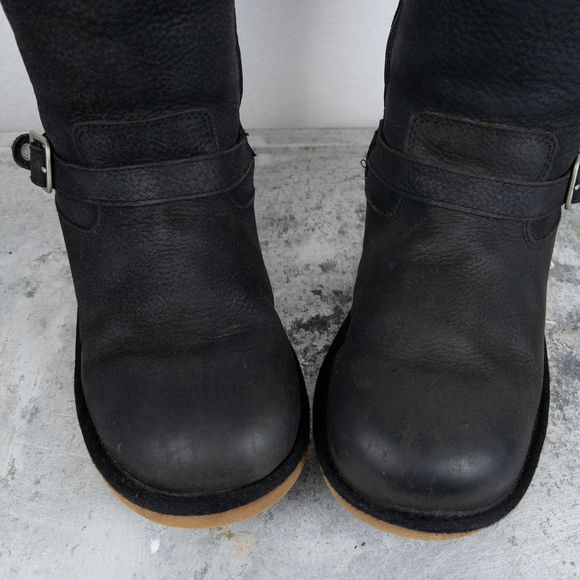 UGG Kensington Black Leather Biker Moto Boot Fur Lined - Picture 5 of 9